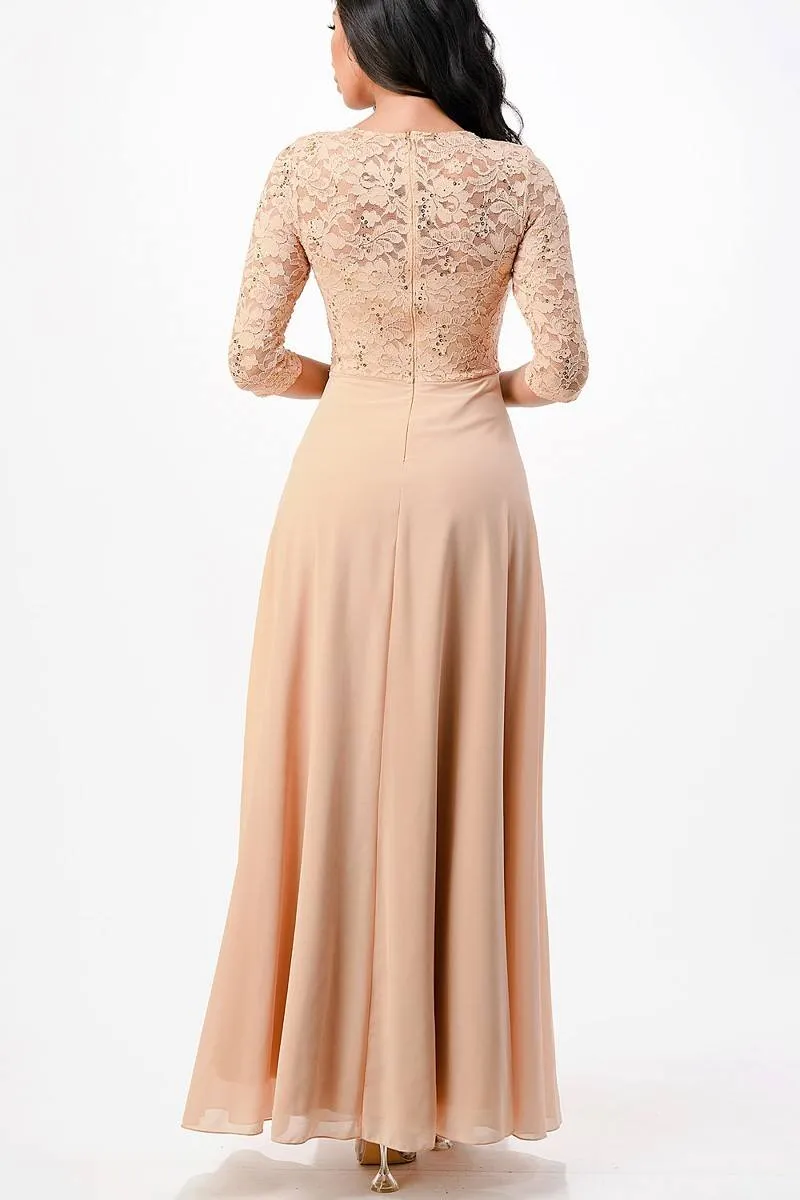 La Scala 25434 Long Chiffon Dress Lace Mid-Length Sleeve