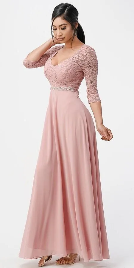 La Scala 25434 Long Chiffon Dress Lace Mid-Length Sleeve