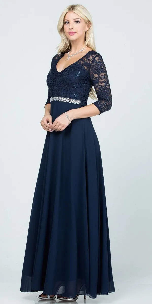 La Scala 25434 Long Chiffon Dress Lace Mid-Length Sleeve