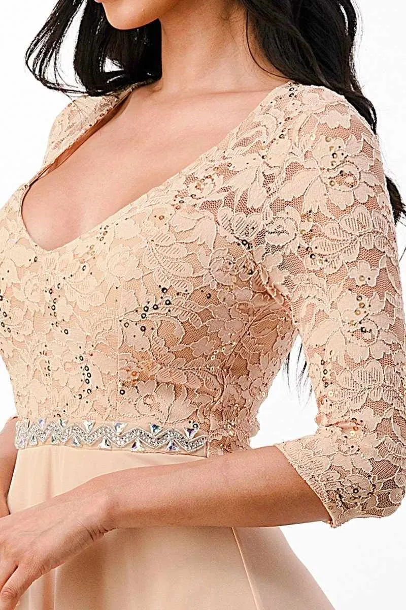 La Scala 25434 Long Chiffon Dress Lace Mid-Length Sleeve
