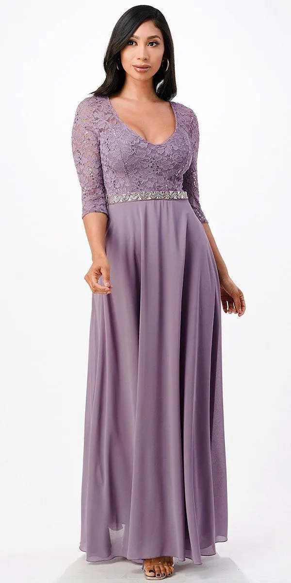 La Scala 25434 Long Chiffon Dress Lace Mid-Length Sleeve