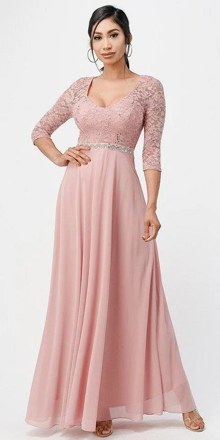 La Scala 25434 Long Chiffon Dress Lace Mid-Length Sleeve
