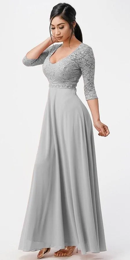 La Scala 25434 Long Chiffon Dress Lace Mid-Length Sleeve