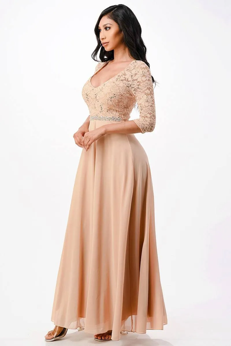 La Scala 25434 Long Chiffon Dress Lace Mid-Length Sleeve