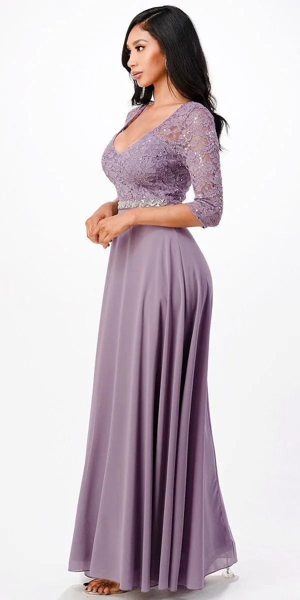 La Scala 25434 Long Chiffon Dress Lace Mid-Length Sleeve