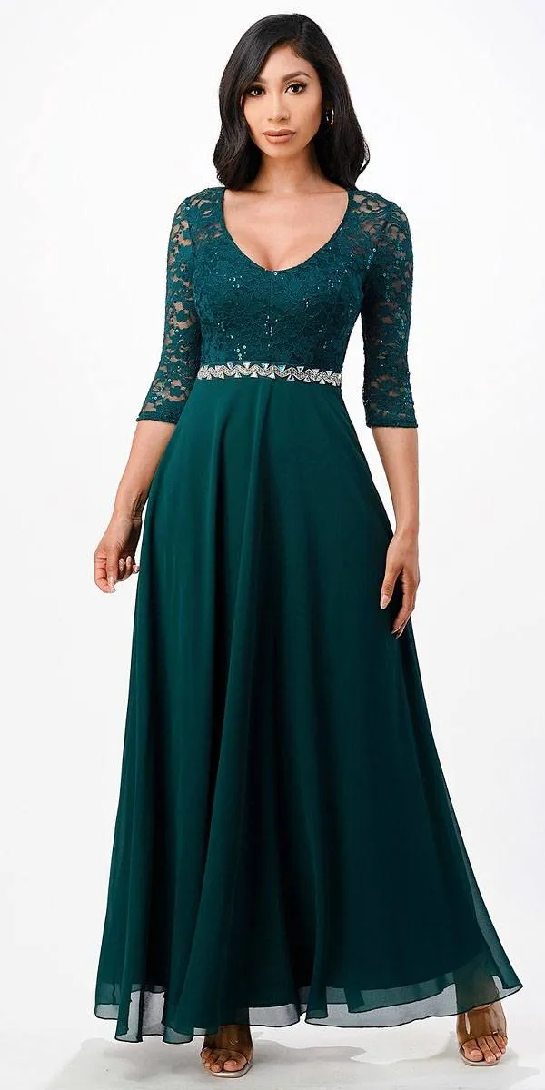 La Scala 25434 Long Chiffon Dress Lace Mid-Length Sleeve