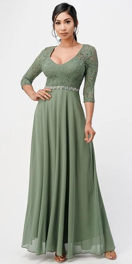 La Scala 25434 Long Chiffon Dress Lace Mid-Length Sleeve