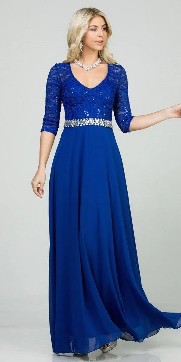 La Scala 25434 Long Chiffon Dress Lace Mid-Length Sleeve