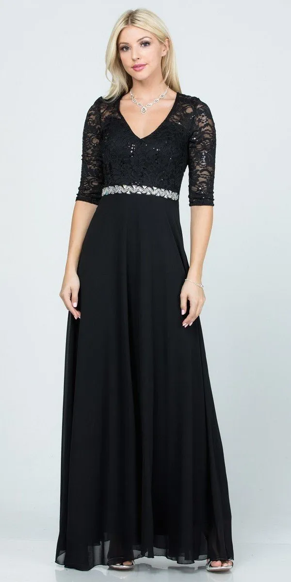 La Scala 25434 Long Chiffon Dress Lace Mid-Length Sleeve