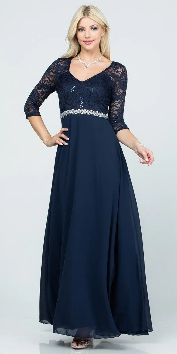 La Scala 25434 Long Chiffon Dress Lace Mid-Length Sleeve