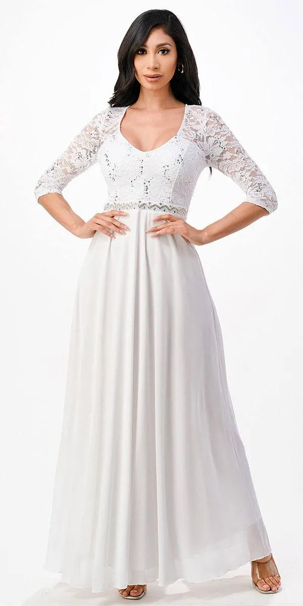 La Scala 25434 Long Chiffon Dress Lace Mid-Length Sleeve