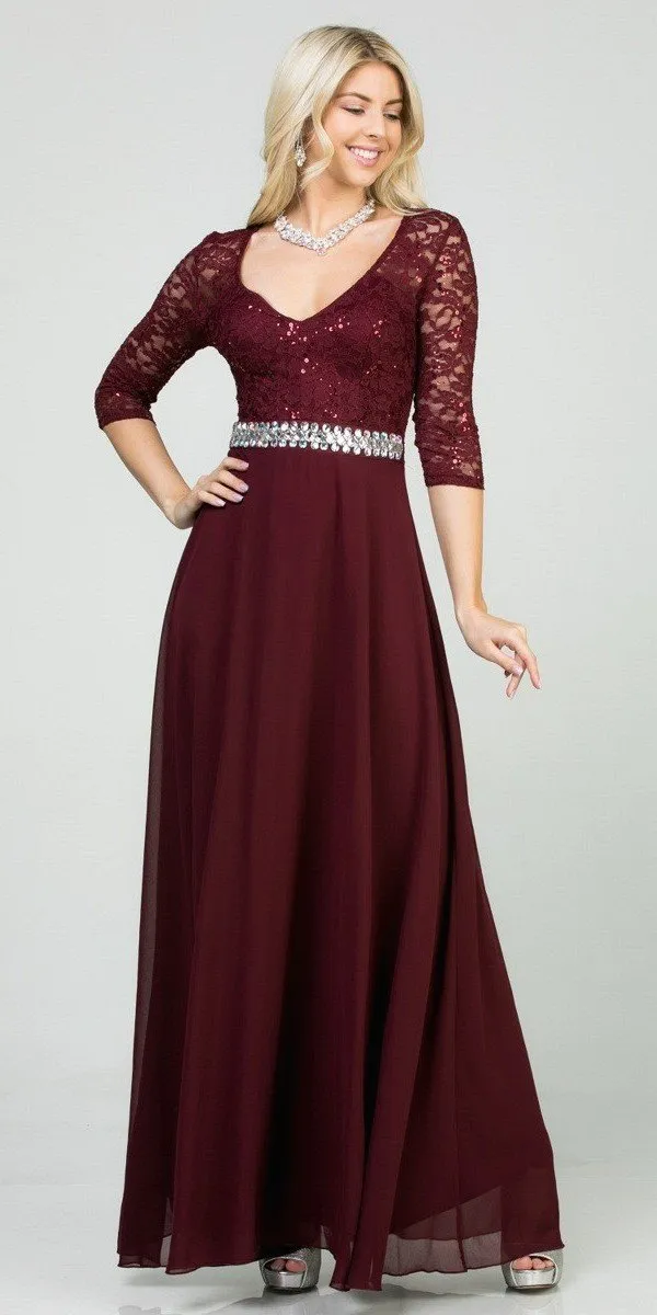 La Scala 25434 Long Chiffon Dress Lace Mid-Length Sleeve