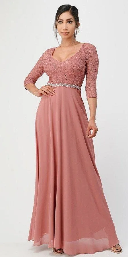 La Scala 25434 Long Chiffon Dress Lace Mid-Length Sleeve