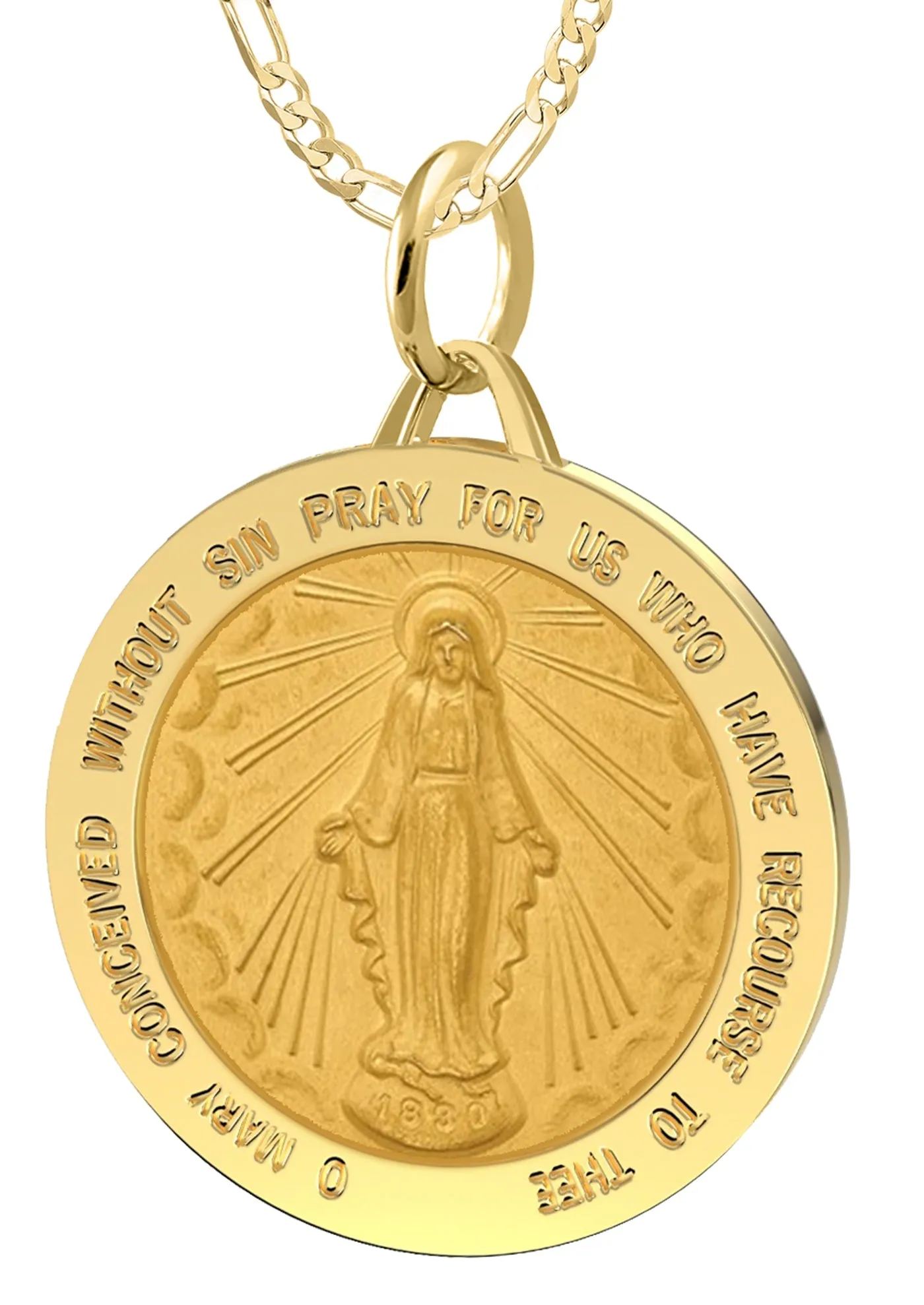 Ladies 14k Yellow Gold Solid Miraculous Virgin Mary Medal Pendant Necklace, 25mm