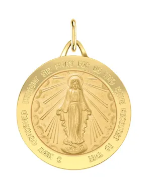 Ladies 14k Yellow Gold Solid Miraculous Virgin Mary Medal Pendant Necklace, 25mm
