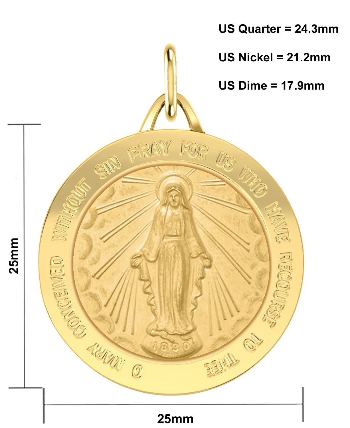 Ladies 14k Yellow Gold Solid Miraculous Virgin Mary Medal Pendant Necklace, 25mm