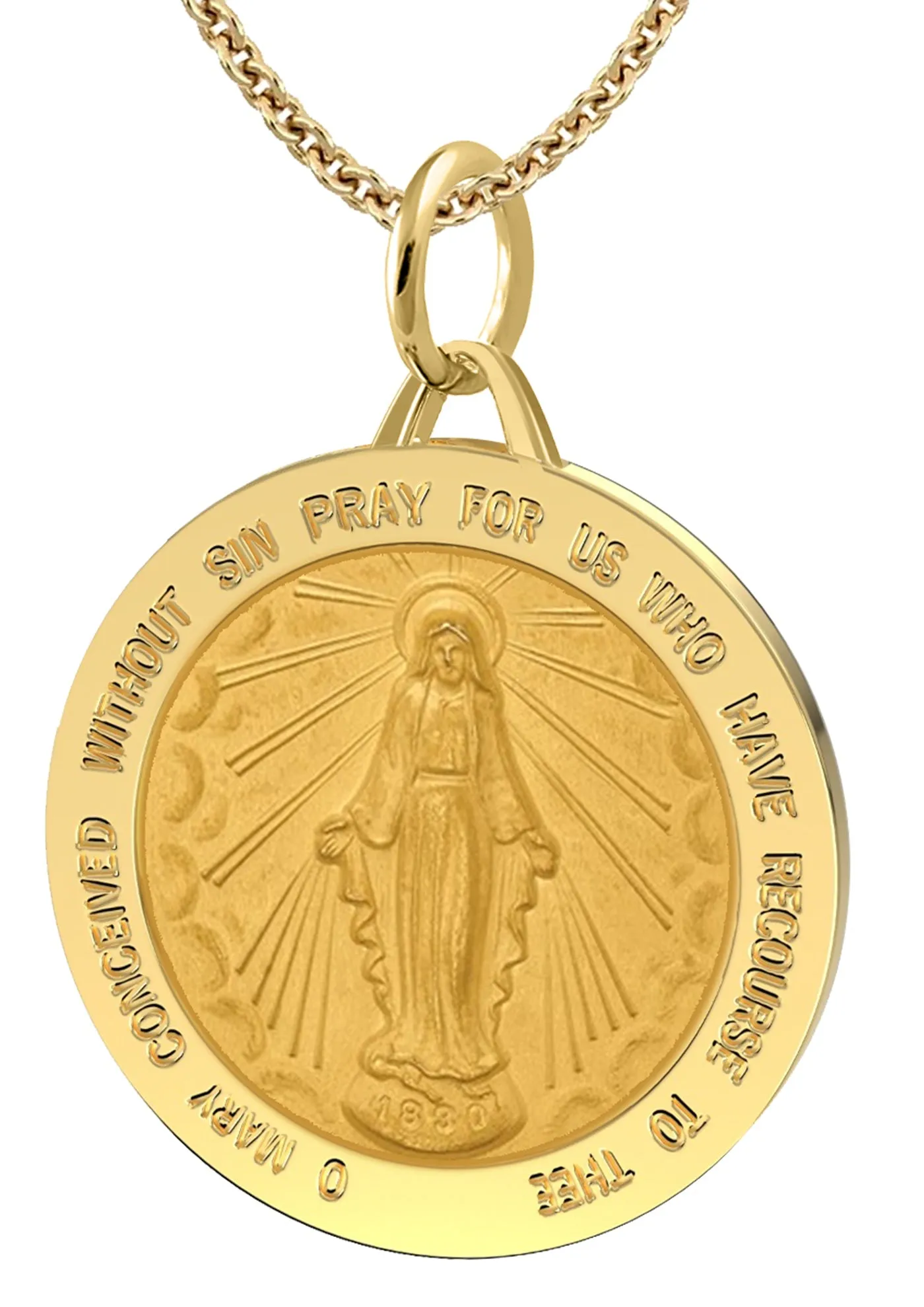 Ladies 14k Yellow Gold Solid Miraculous Virgin Mary Medal Pendant Necklace, 25mm