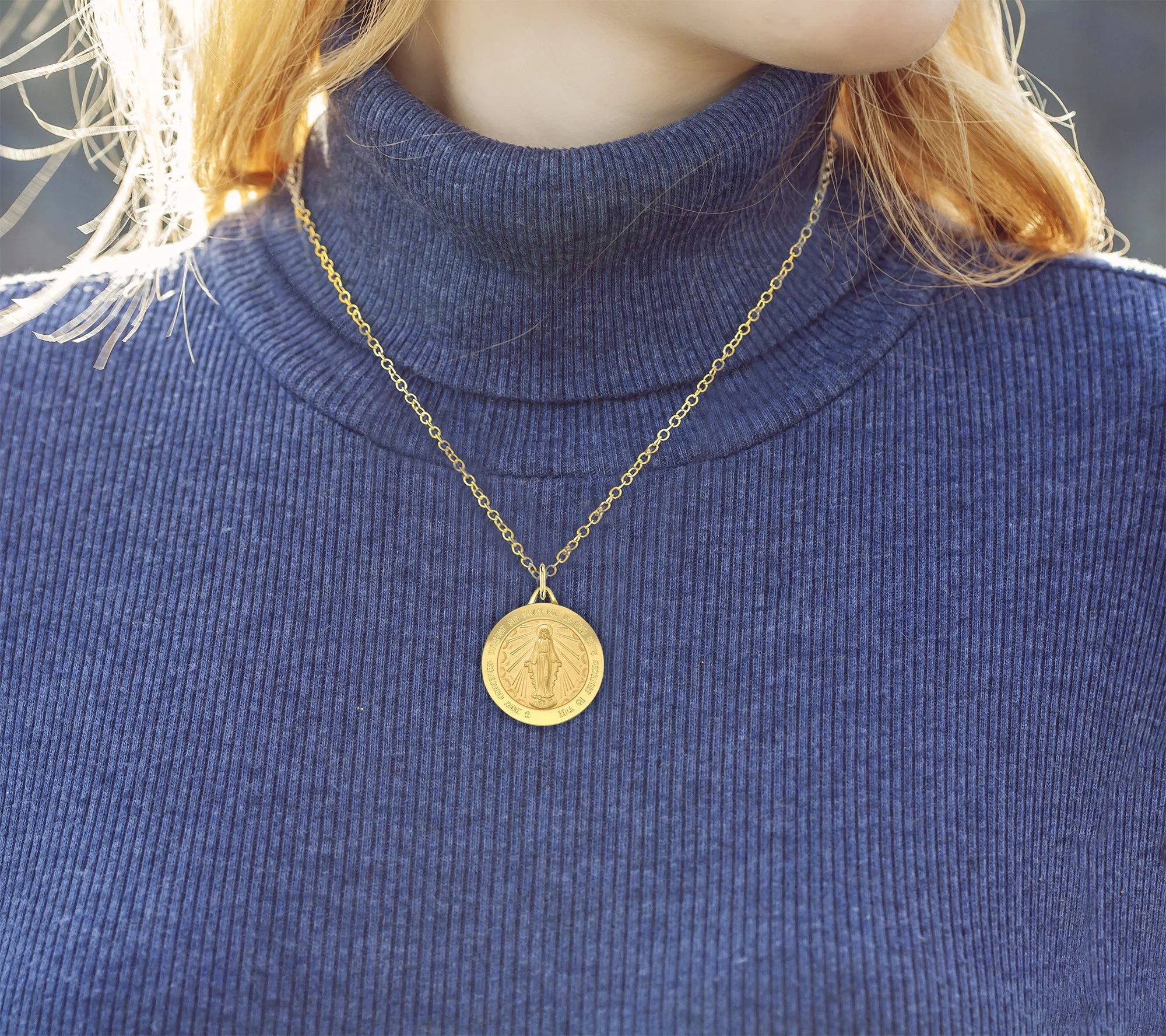 Ladies 14k Yellow Gold Solid Miraculous Virgin Mary Medal Pendant Necklace, 25mm