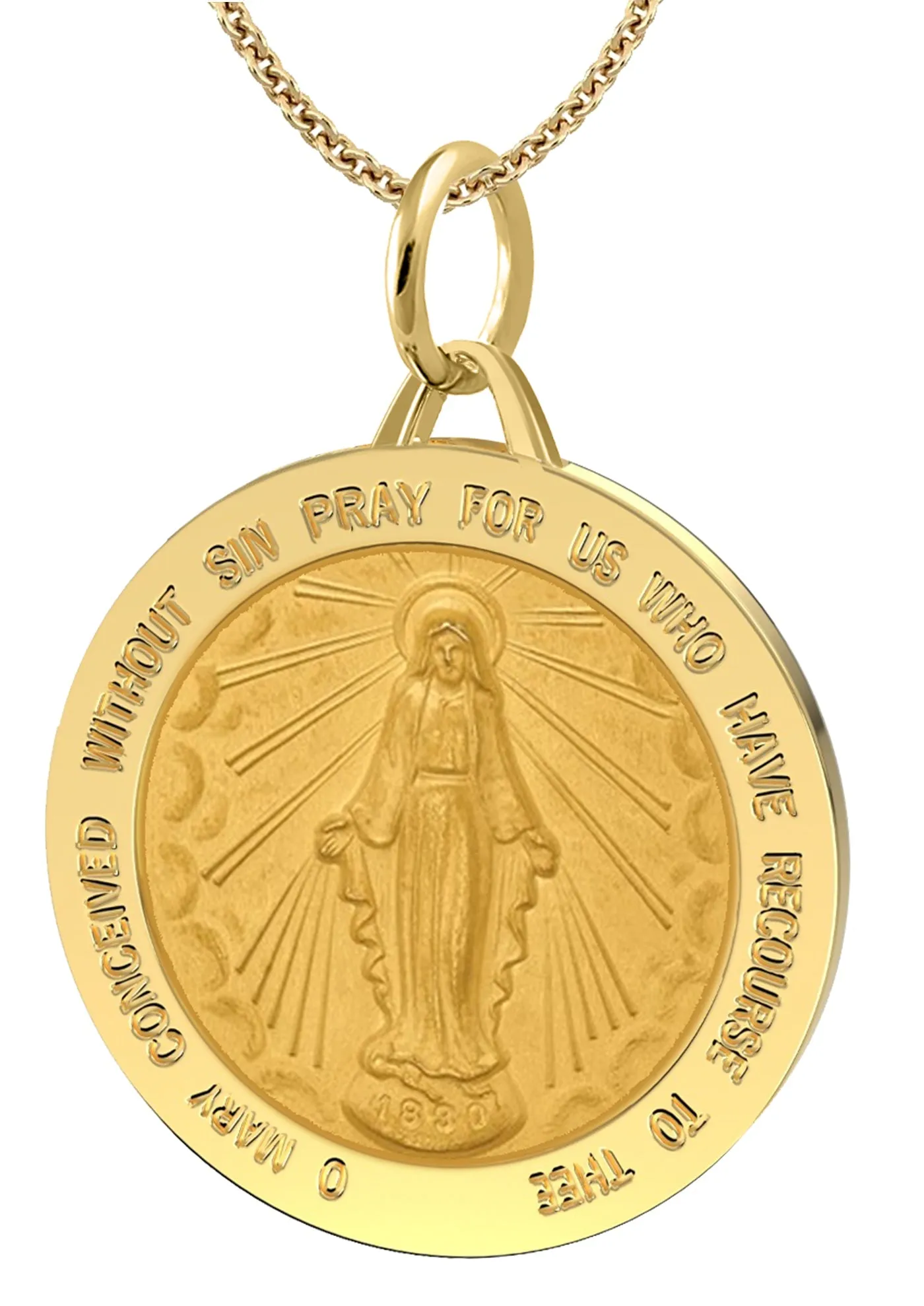 Ladies 14k Yellow Gold Solid Miraculous Virgin Mary Medal Pendant Necklace, 25mm