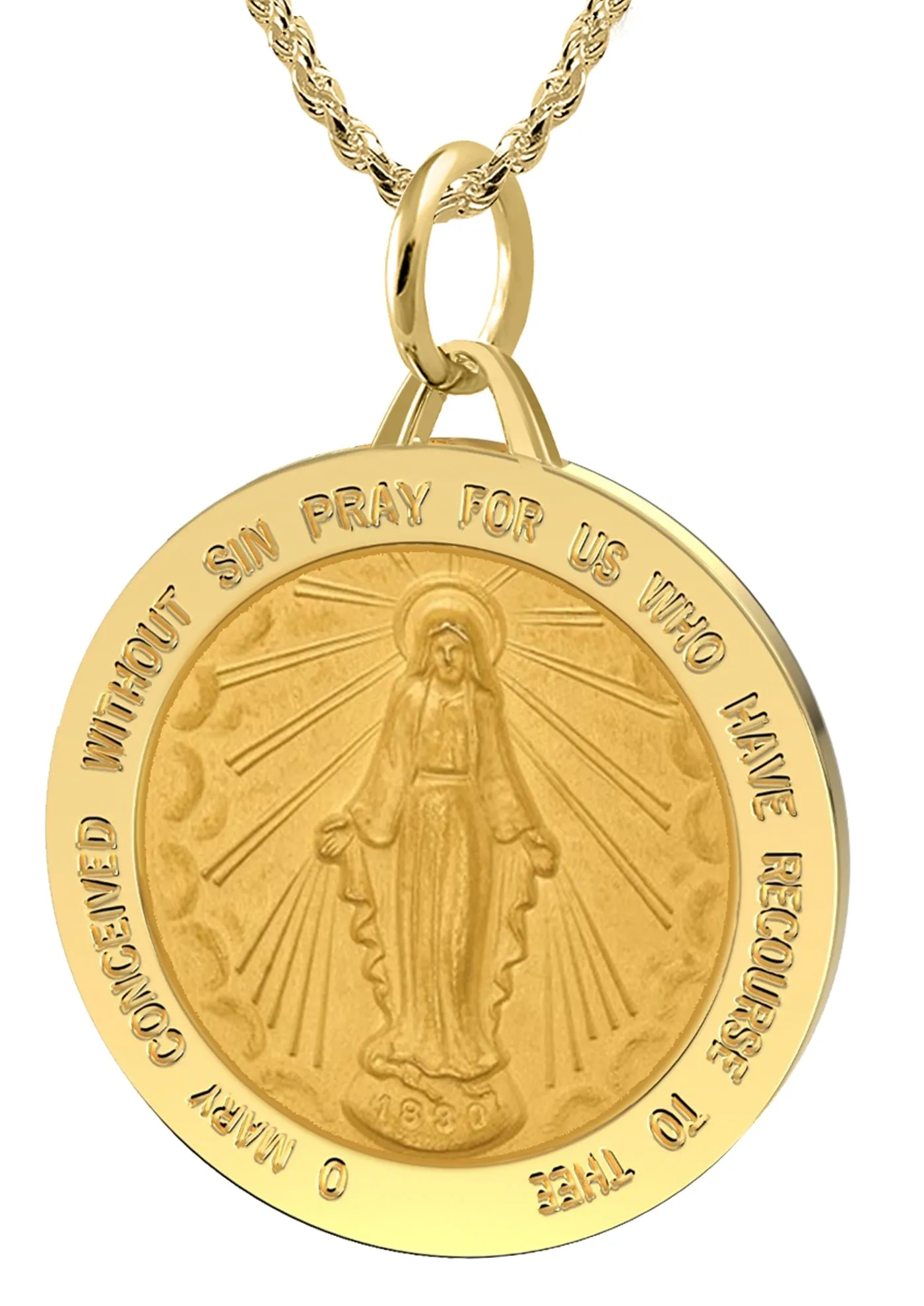 Ladies 14k Yellow Gold Solid Miraculous Virgin Mary Medal Pendant Necklace, 25mm