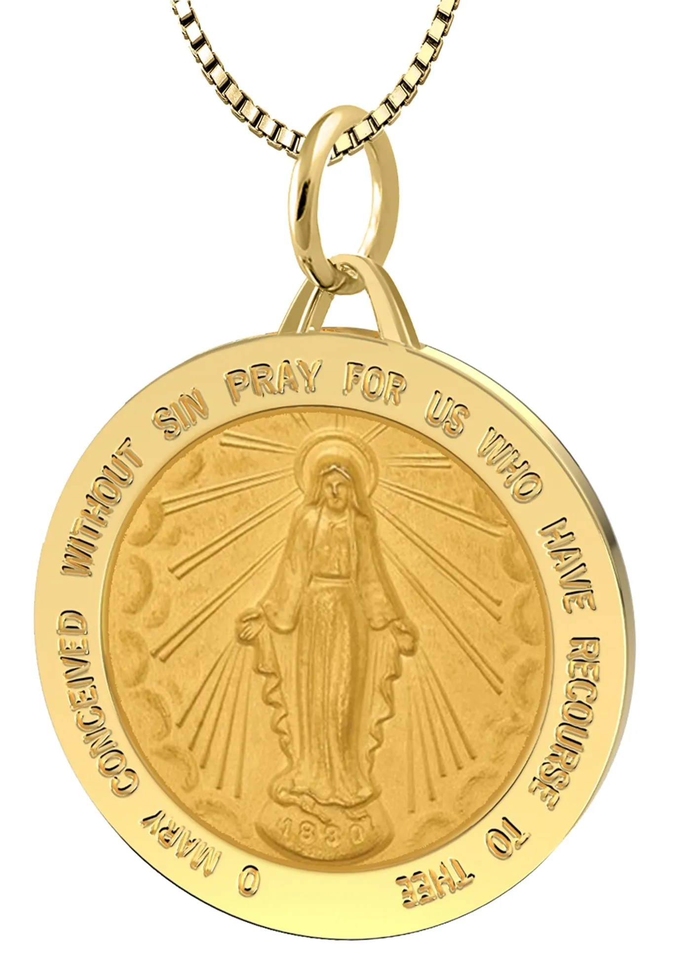 Ladies 14k Yellow Gold Solid Miraculous Virgin Mary Medal Pendant Necklace, 25mm
