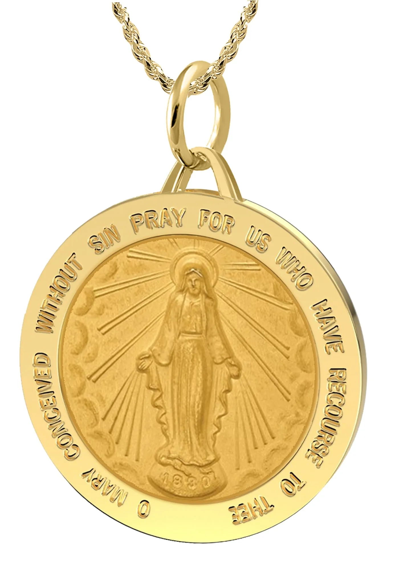 Ladies 14k Yellow Gold Solid Miraculous Virgin Mary Medal Pendant Necklace, 25mm