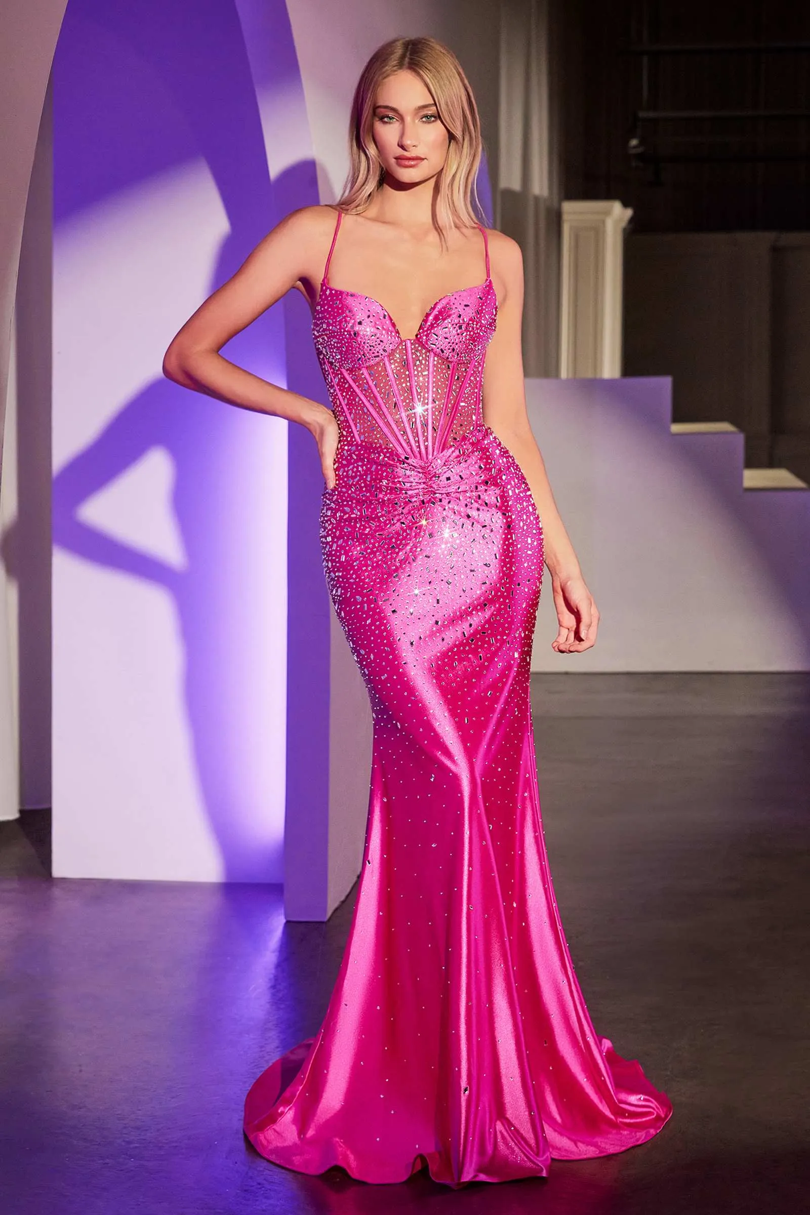 Ladivine CDS527 Dress Fitted Crystal Embellished Stretch Satin Prom Gown