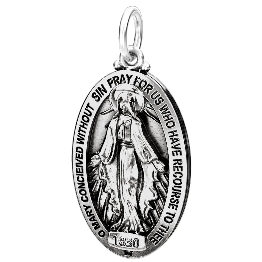 Large 925 Sterling Silver Oval Miraculous Virgin Mary Antique Finish Pendant Necklace, 32mm