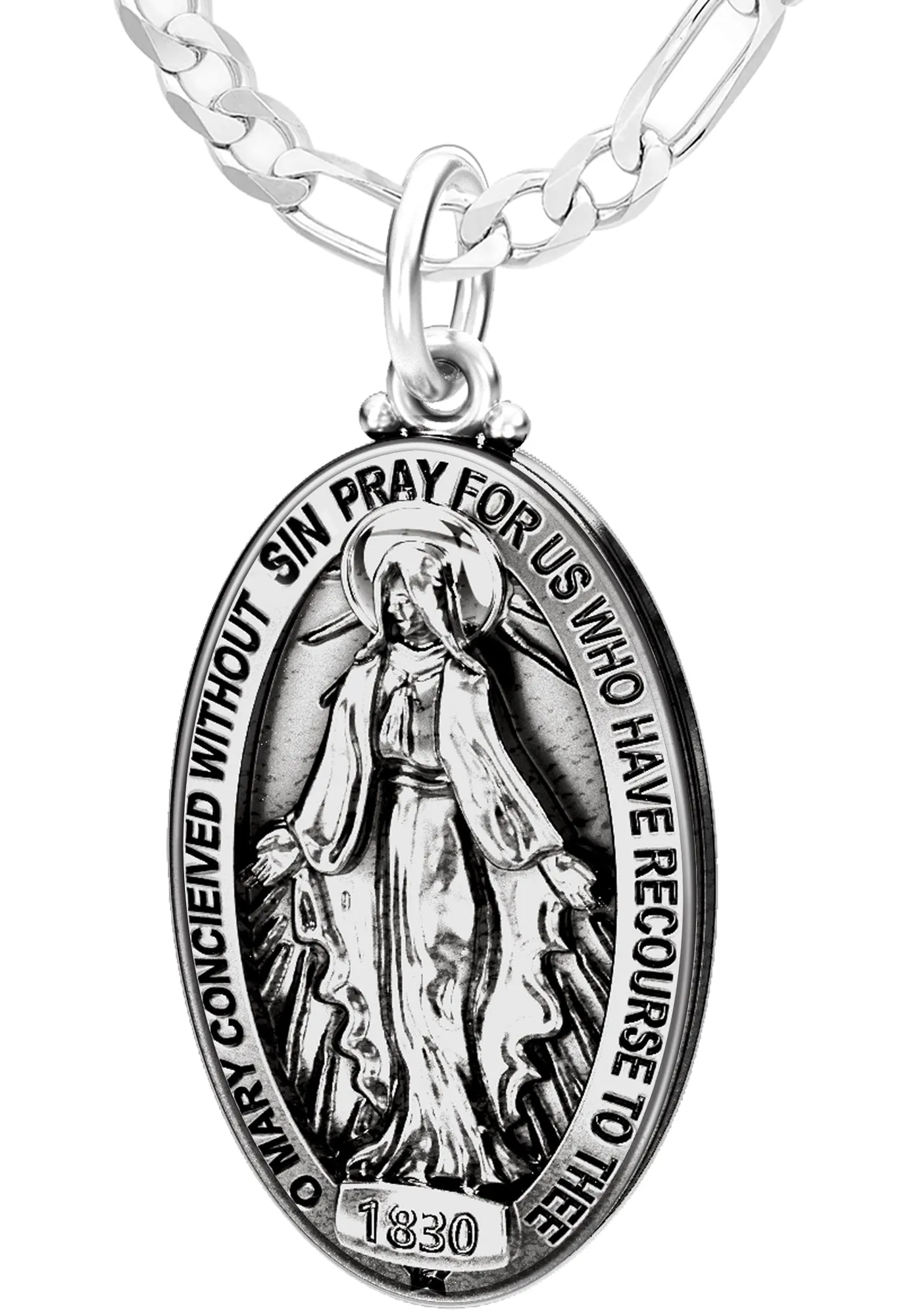 Large 925 Sterling Silver Oval Miraculous Virgin Mary Antique Finish Pendant Necklace, 32mm