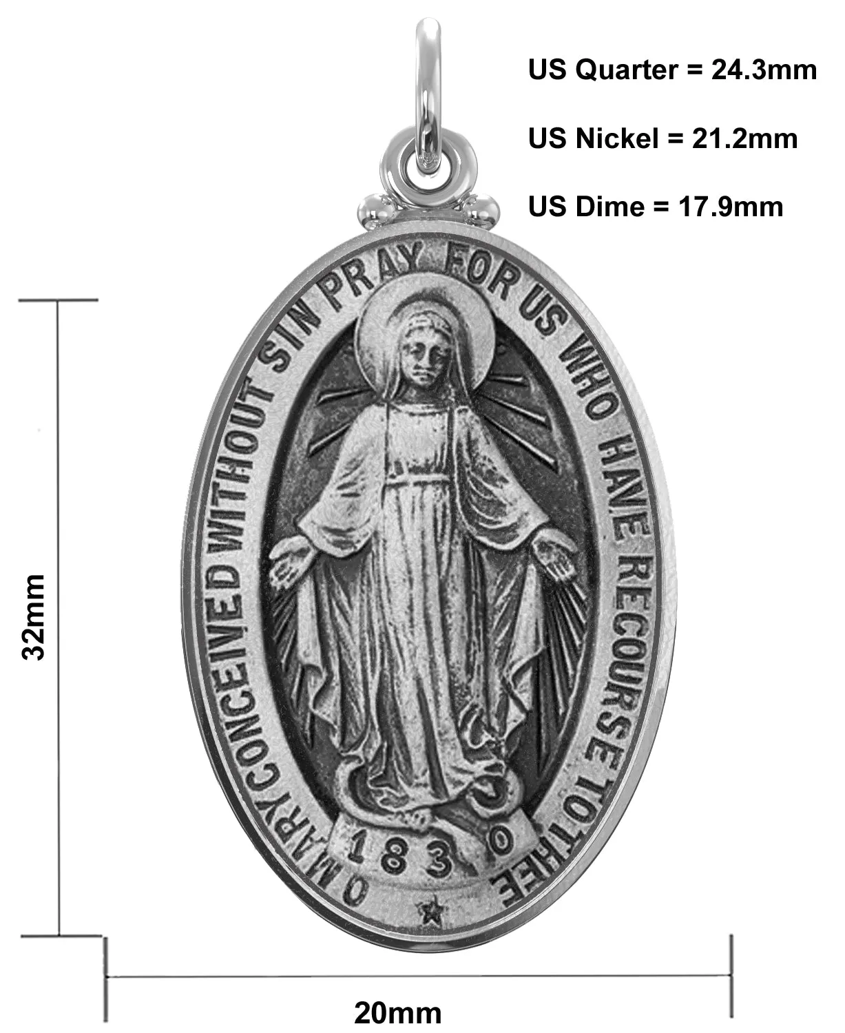 Large 925 Sterling Silver Oval Miraculous Virgin Mary Antique Finish Pendant Necklace, 32mm