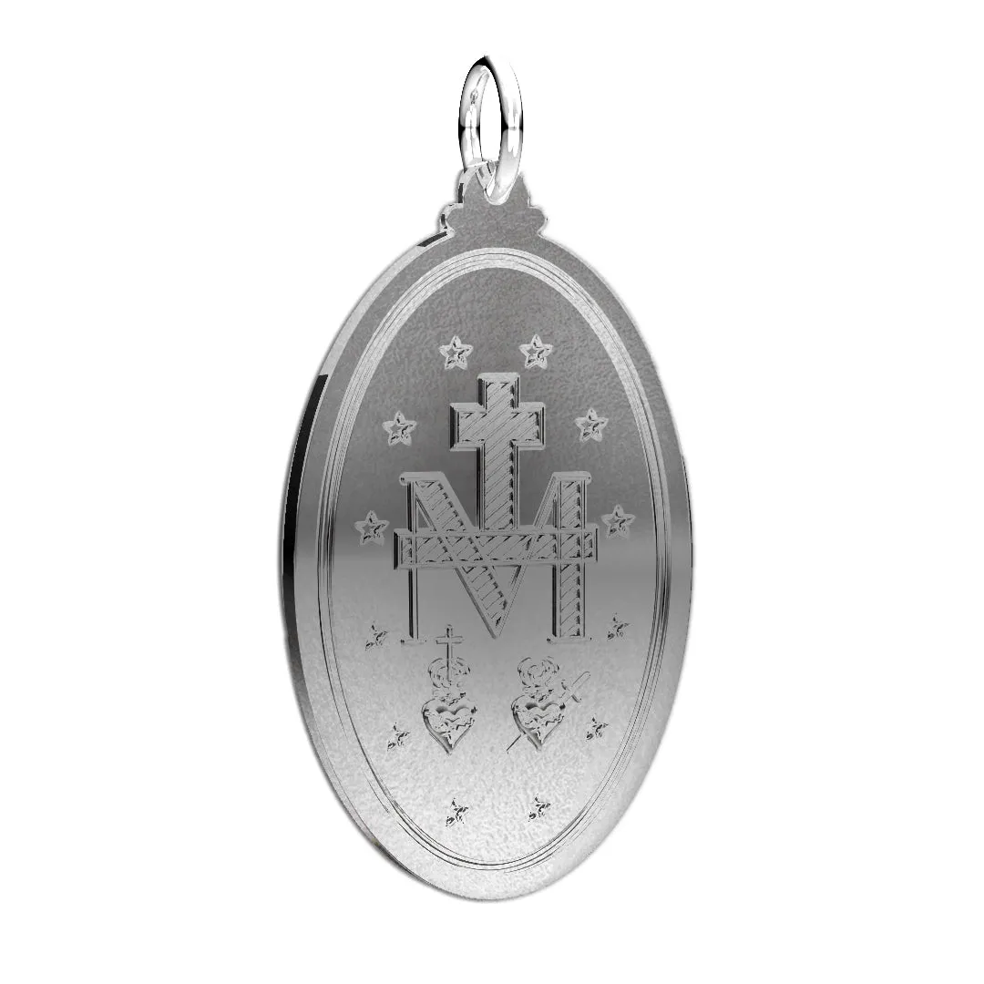 Large 925 Sterling Silver Oval Miraculous Virgin Mary Antique Finish Pendant Necklace, 32mm