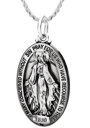 Large 925 Sterling Silver Oval Miraculous Virgin Mary Antique Finish Pendant Necklace, 32mm