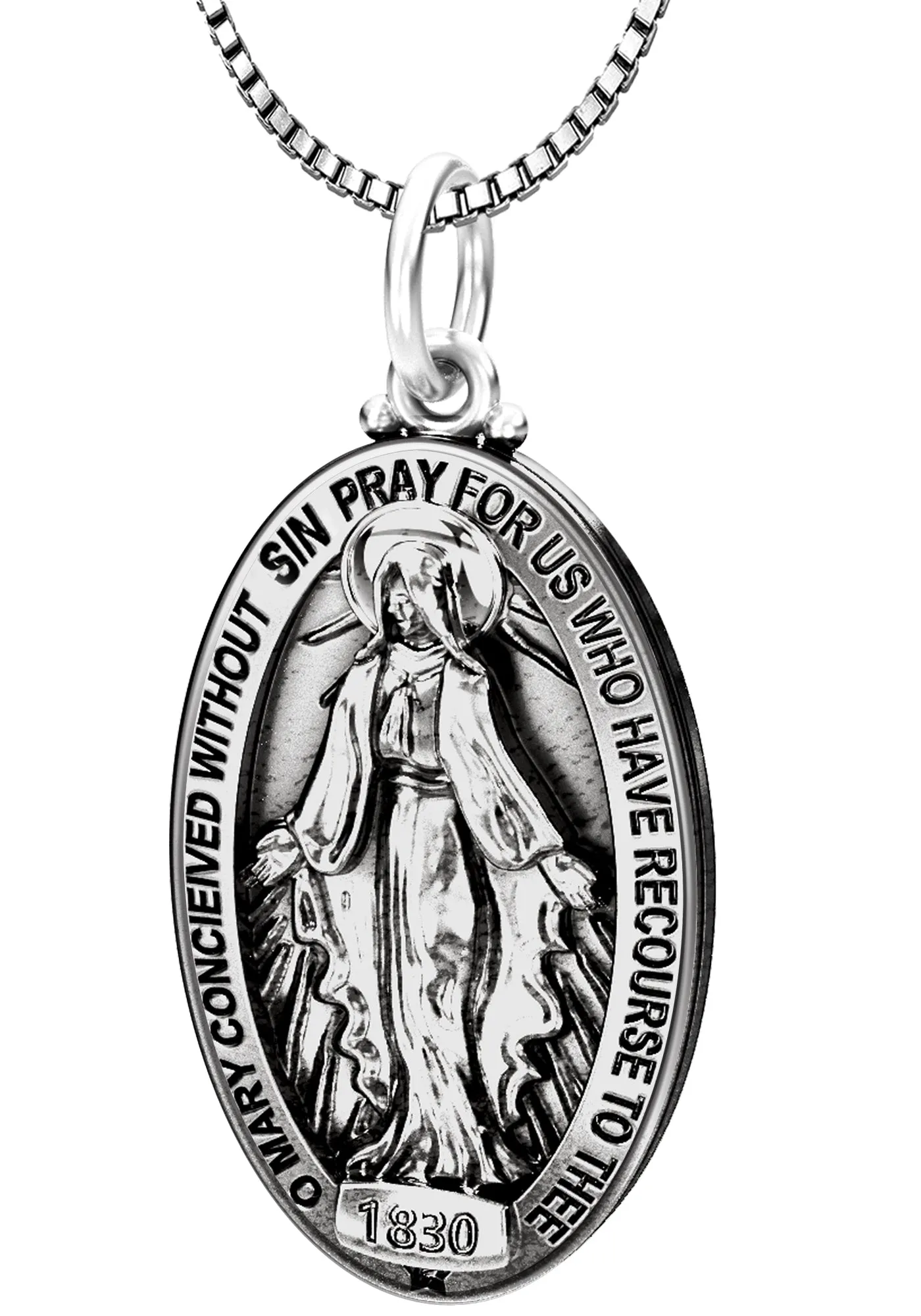Large 925 Sterling Silver Oval Miraculous Virgin Mary Antique Finish Pendant Necklace, 32mm