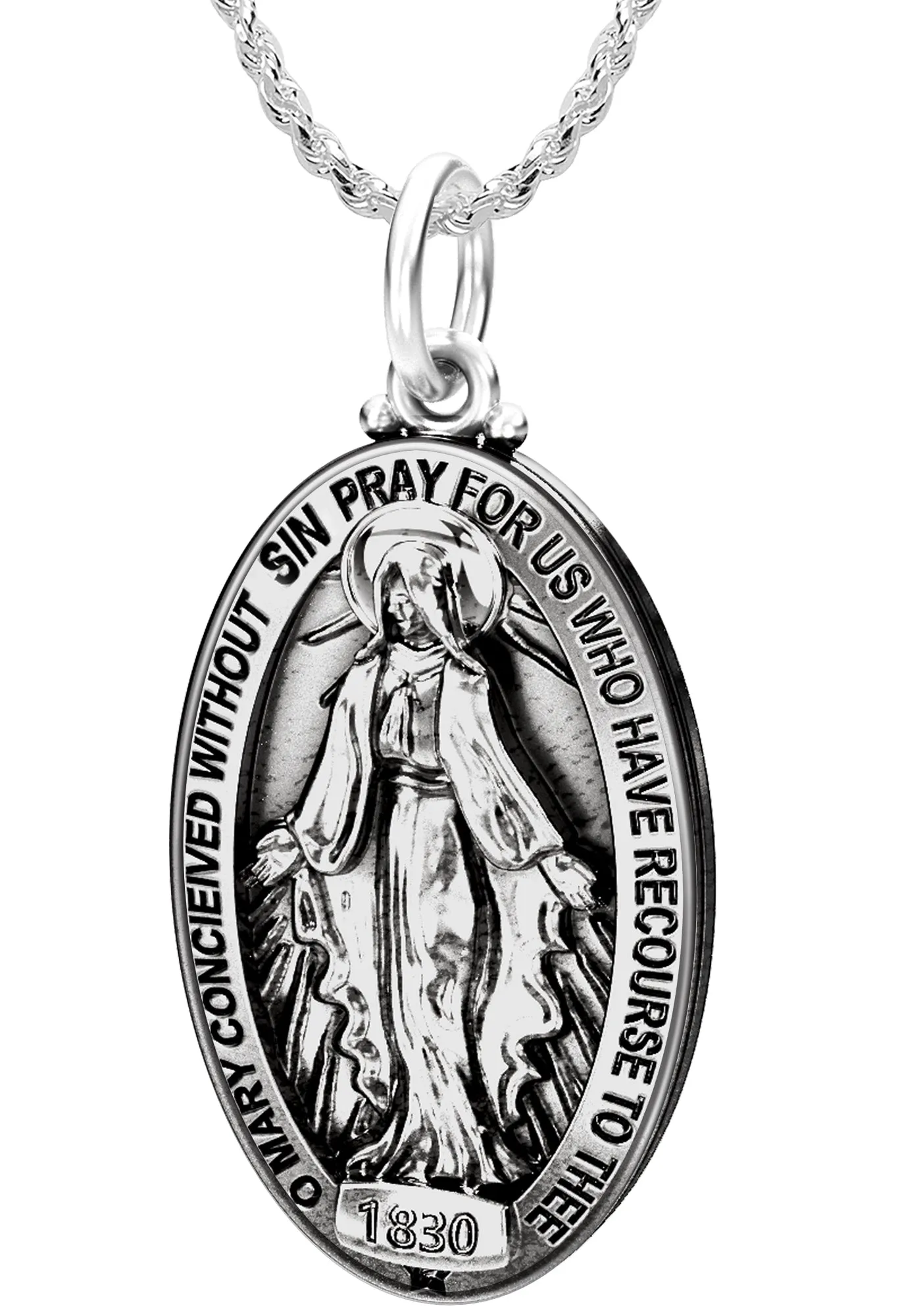 Large 925 Sterling Silver Oval Miraculous Virgin Mary Antique Finish Pendant Necklace, 32mm