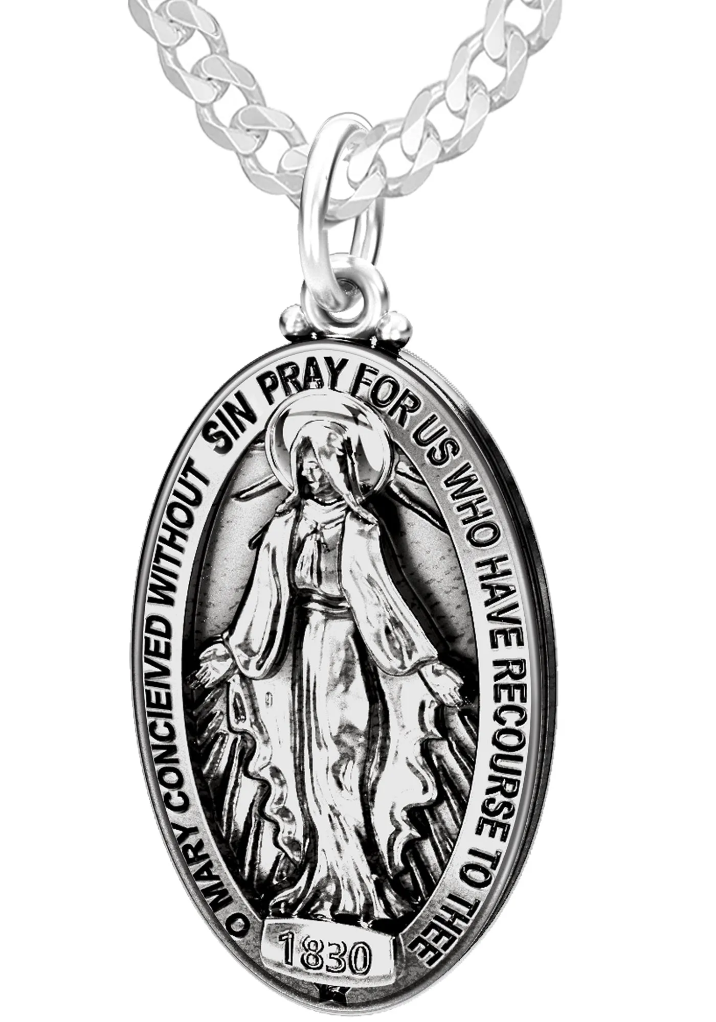 Large 925 Sterling Silver Oval Miraculous Virgin Mary Antique Finish Pendant Necklace, 32mm