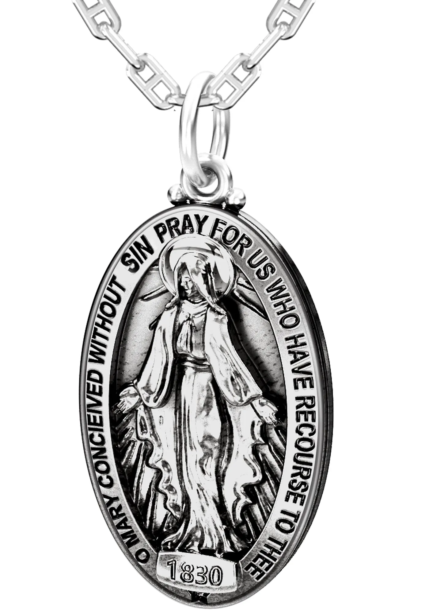 Large 925 Sterling Silver Oval Miraculous Virgin Mary Antique Finish Pendant Necklace, 32mm
