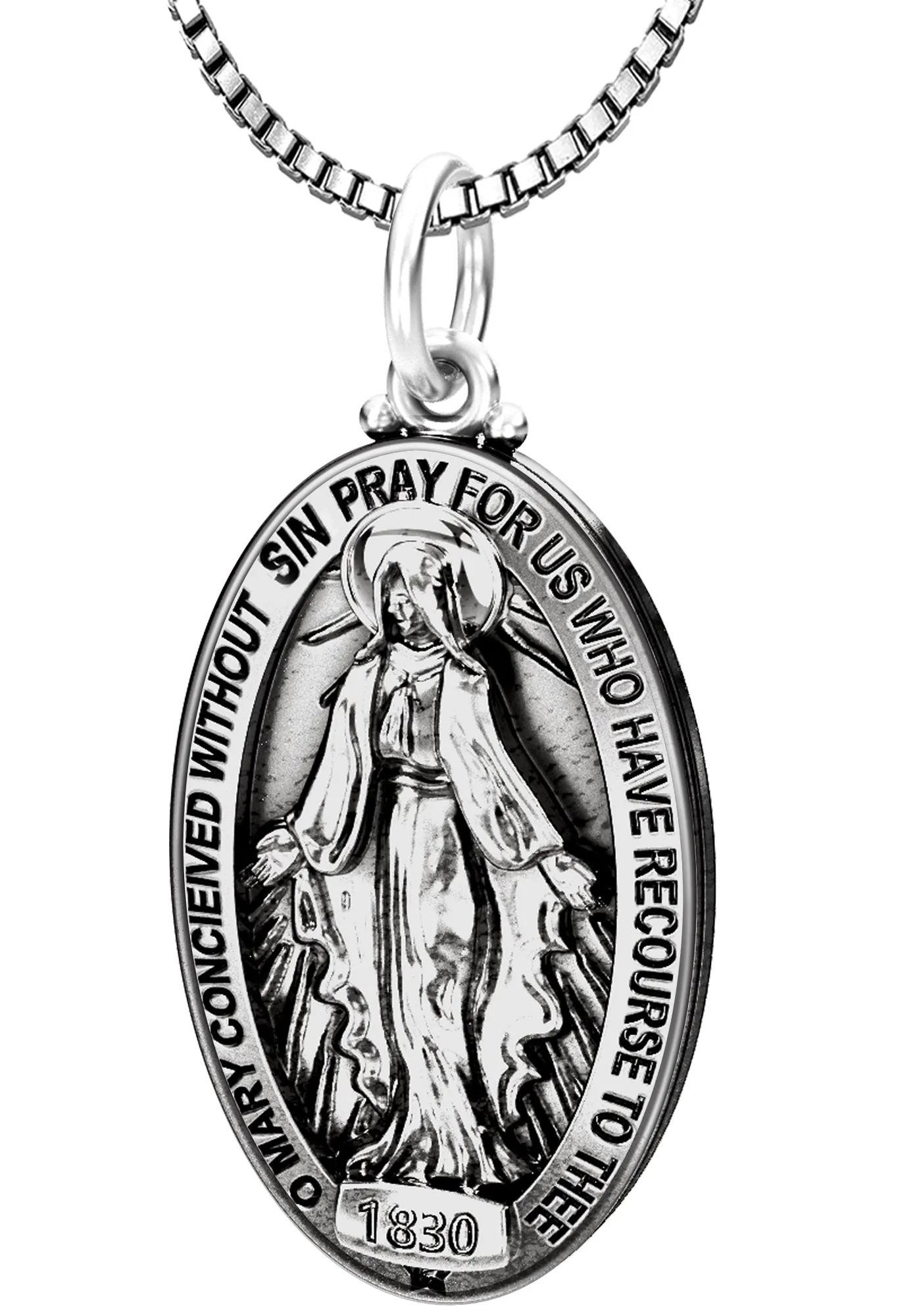 Large 925 Sterling Silver Oval Miraculous Virgin Mary Antique Finish Pendant Necklace, 32mm