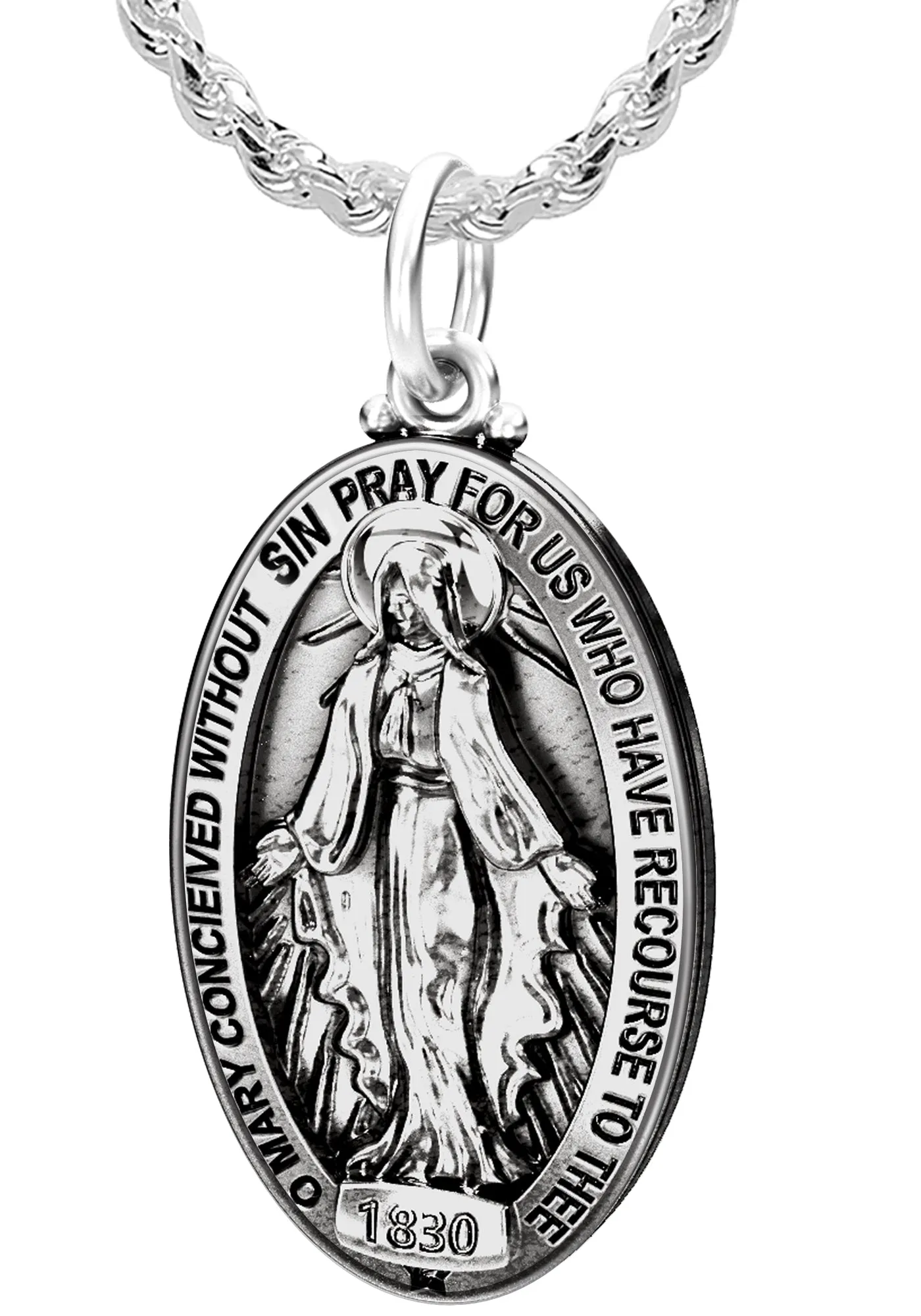 Large 925 Sterling Silver Oval Miraculous Virgin Mary Antique Finish Pendant Necklace, 32mm