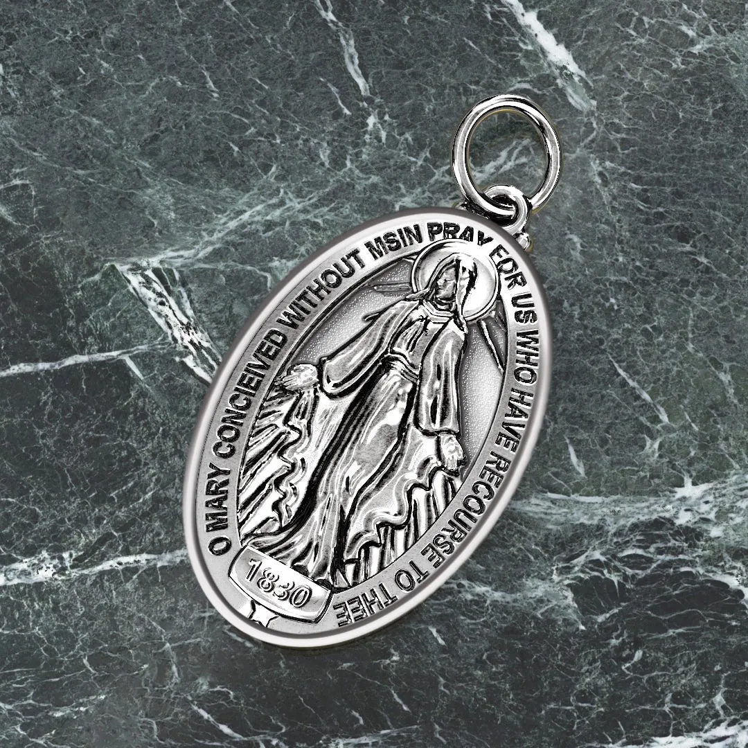 Large 925 Sterling Silver Oval Miraculous Virgin Mary Antique Finish Pendant Necklace, 32mm