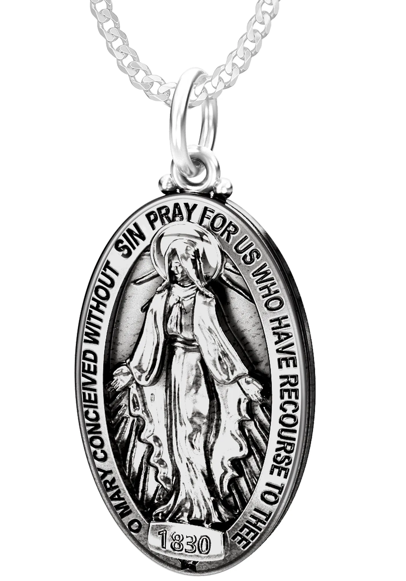 Large 925 Sterling Silver Oval Miraculous Virgin Mary Antique Finish Pendant Necklace, 32mm