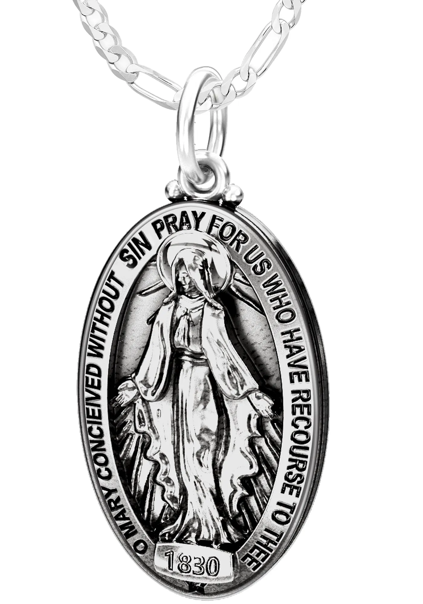 Large 925 Sterling Silver Oval Miraculous Virgin Mary Antique Finish Pendant Necklace, 32mm