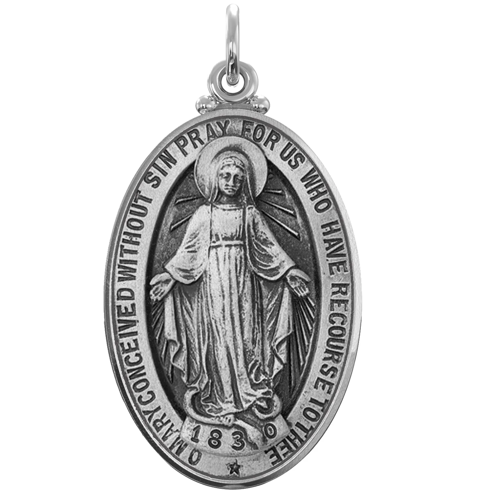 Large 925 Sterling Silver Oval Miraculous Virgin Mary Antique Finish Pendant Necklace, 32mm