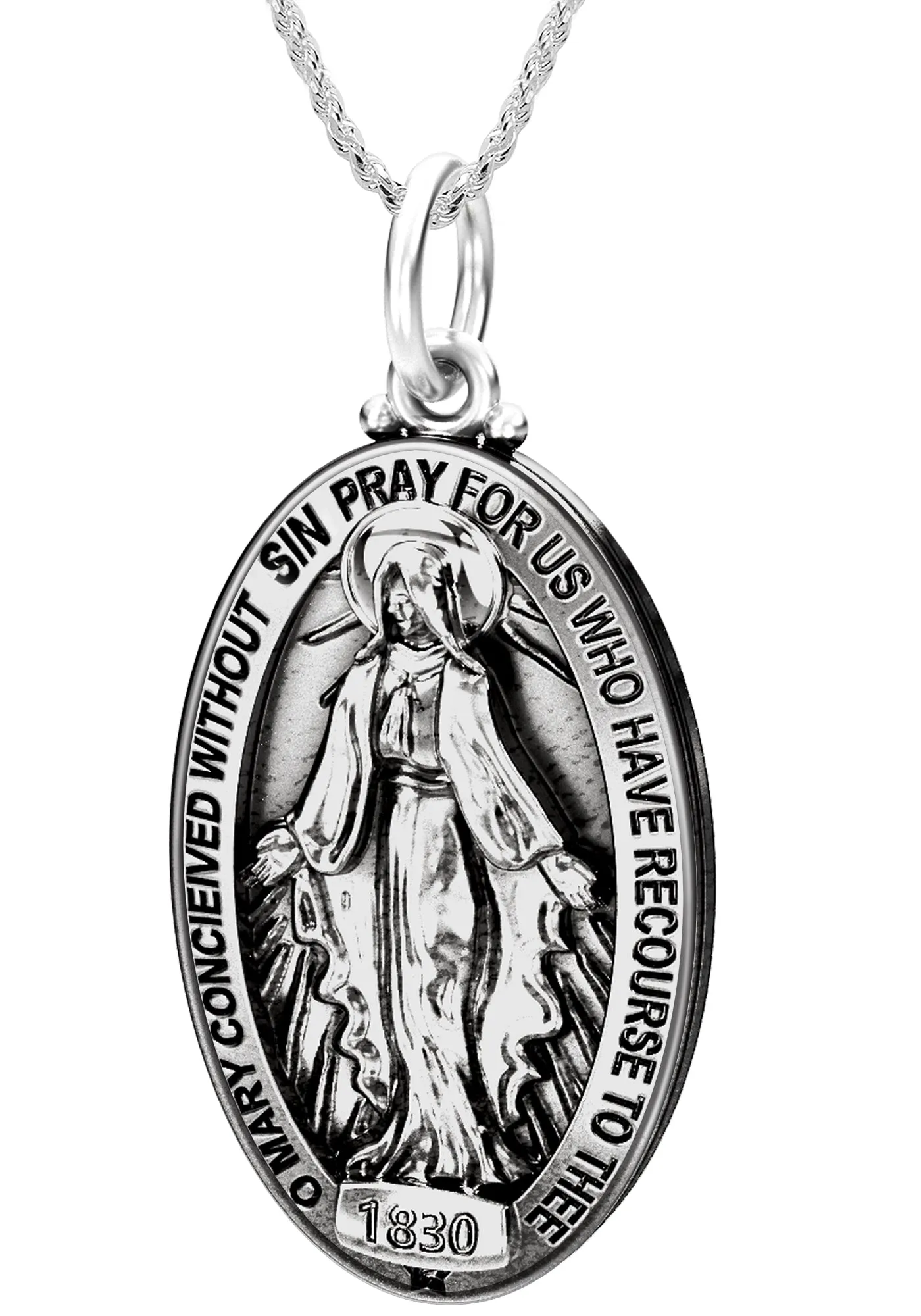Large 925 Sterling Silver Oval Miraculous Virgin Mary Antique Finish Pendant Necklace, 32mm