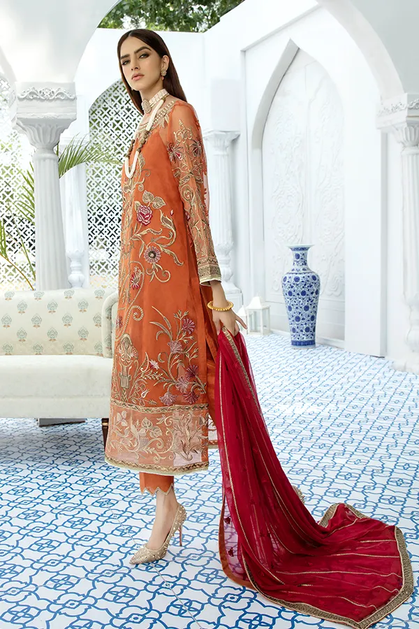 Latest Pakistani Designer Dress In Rust Maroon Combination # CA111