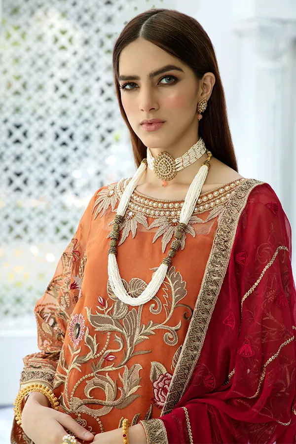 Latest Pakistani Designer Dress In Rust Maroon Combination # CA111