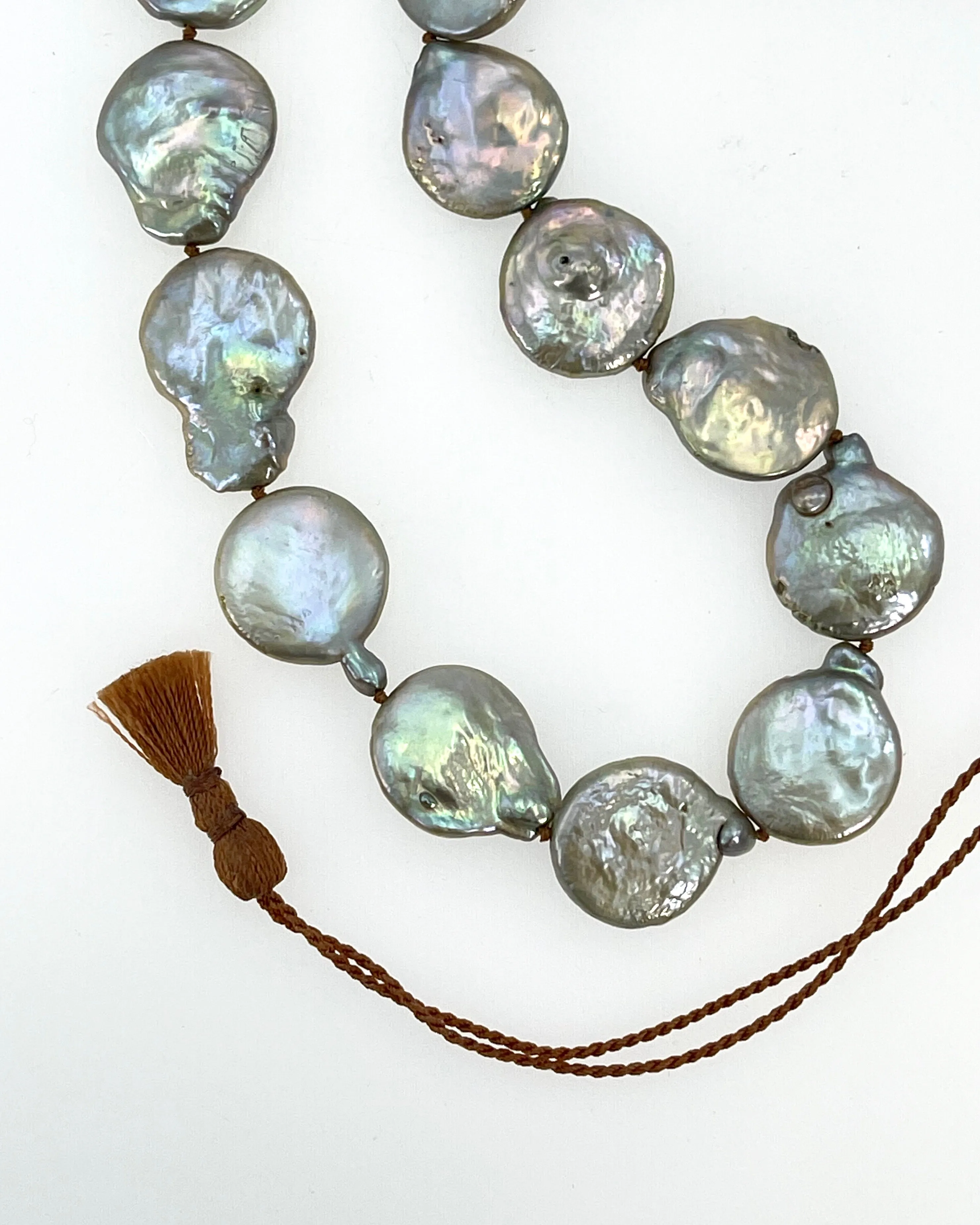 Lena Skadegard Grey Coin Pearl Tassel Necklace