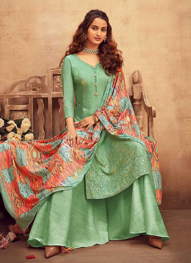 Light Green Embroidered Palazzo Style Suit