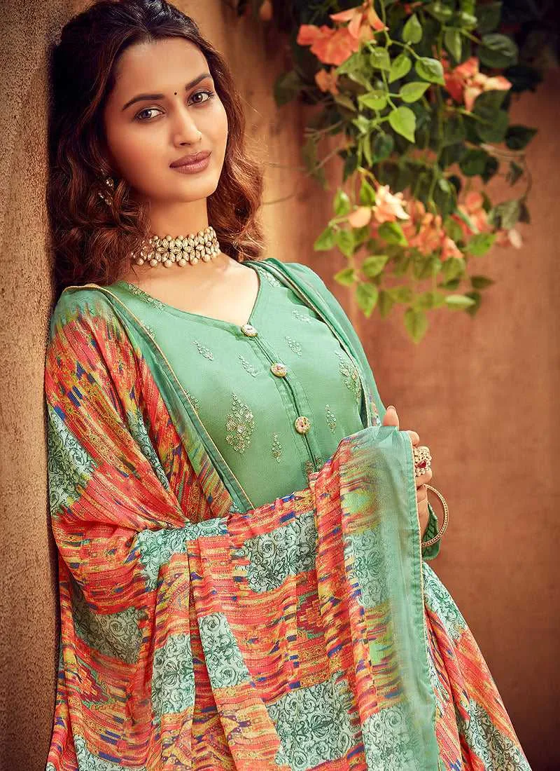 Light Green Embroidered Palazzo Style Suit
