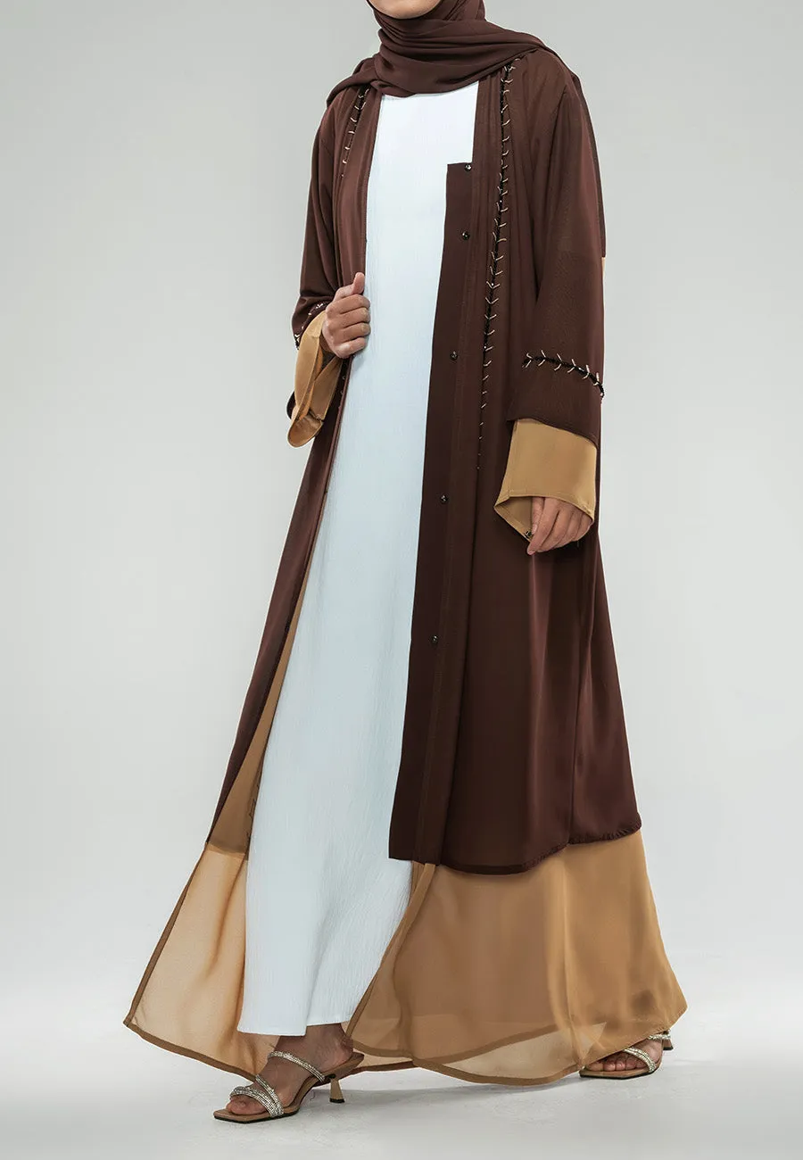 Lined Coffee & Toffee Embellished Open Abaya (Premium)