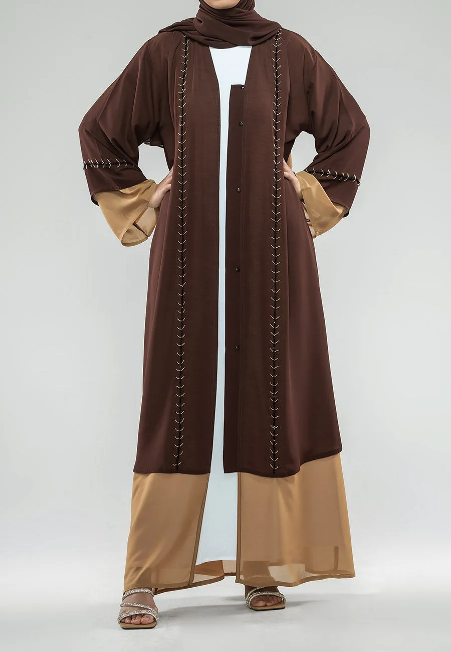 Lined Coffee & Toffee Embellished Open Abaya (Premium)